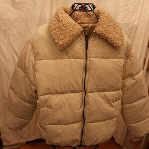 Urban Outfitters Duckie Faux Shearling Collar Puffer Jacket Ivory.